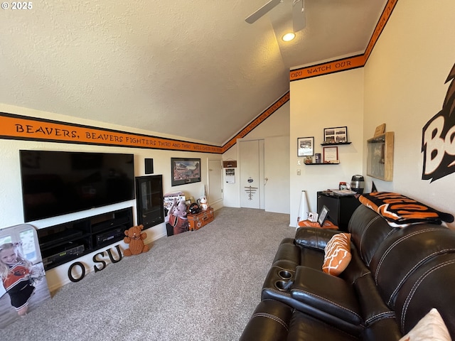 2145 Rock Ledge Dr, Keizer, OR 97303 - carpeted living area with ceiling fan and lofted ceiling