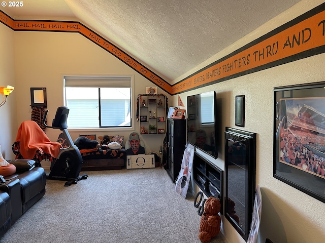 2145 Rock Ledge Dr, Keizer, OR 97303 - carpeted living room featuring vaulted ceiling and a textured ceiling