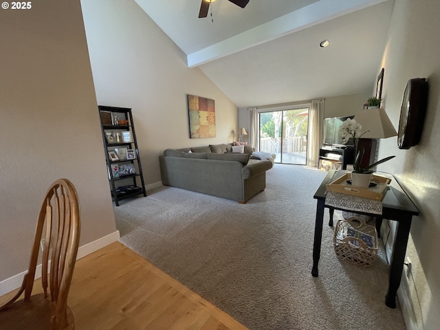 2145 Rock Ledge Dr, Keizer, OR 97303 - living room featuring a ceiling fan, beamed ceiling, high vaulted ceiling, and wood finished floors
