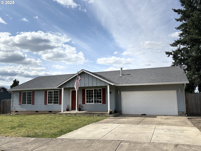 986 Arthur Ave, Cottage Grove, OR 97424 - ranch-style home featuring concrete driveway, an attached garage, roof with shingles, and board and batten siding