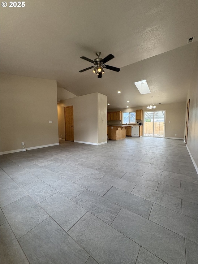 986 Arthur Ave, Cottage Grove, OR 97424 - unfurnished living room featuring a ceiling fan, a skylight, recessed lighting, and a chandelier