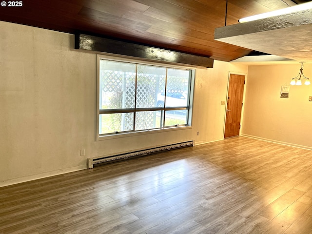 21223 NW Bendemeer Rd, Hillsboro, OR 97124 - unfurnished room featuring baseboard heating, wood finished floors, wooden ceiling, and a chandelier