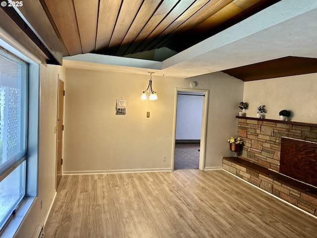 21223 NW Bendemeer Rd, Hillsboro, OR 97124 - unfurnished living room with wood finished floors, wooden ceiling, lofted ceiling, and a baseboard heating unit