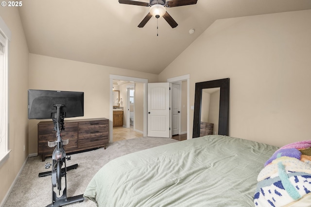 17760 SW Robert Ln, Beaverton, OR 97078 - bedroom with carpet floors, a ceiling fan, ensuite bathroom, and high vaulted ceiling