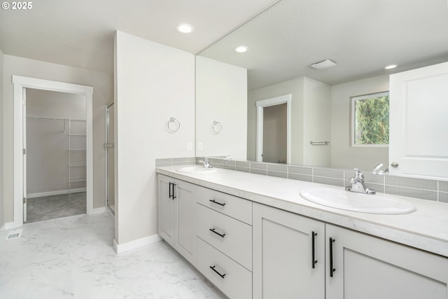 1624 NE Josephine Ct Unit 177, Estacada, OR 97023 - bathroom with marble finish flooring, baseboards, recessed lighting, double vanity, and a walk in closet