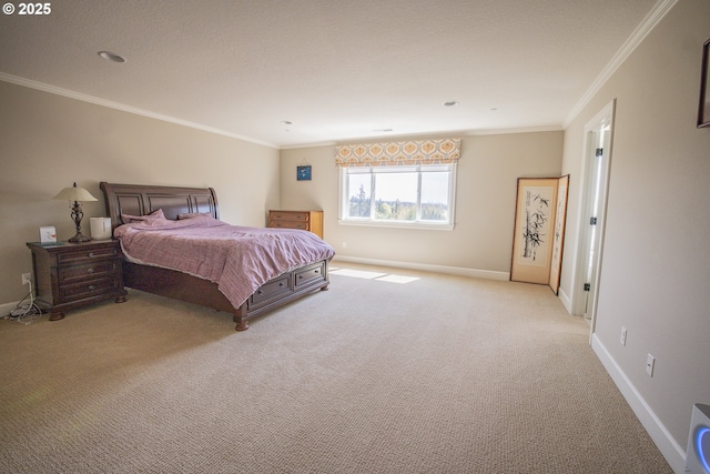 bedroom with baseboards, ornamental molding, and light colored carpet