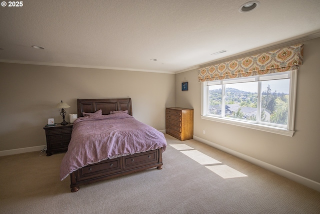 bedroom with crown molding, light colored carpet, visible vents, a textured ceiling, and baseboards