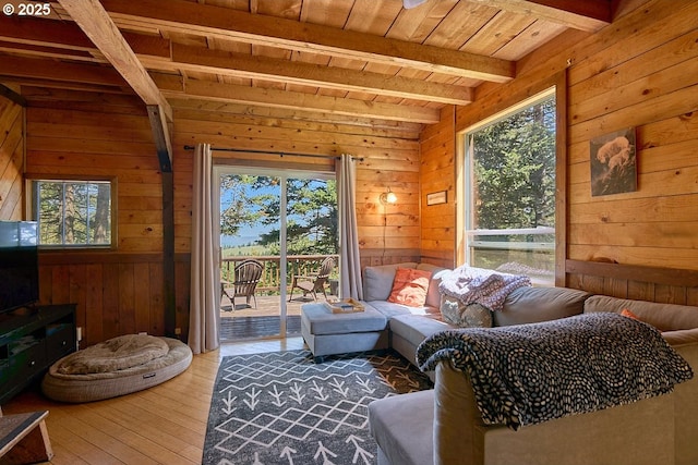 83863 Ollokot Ln, Joseph, OR 97846 - living area with wood walls, hardwood / wood-style floors, and wood ceiling with exposed beams
