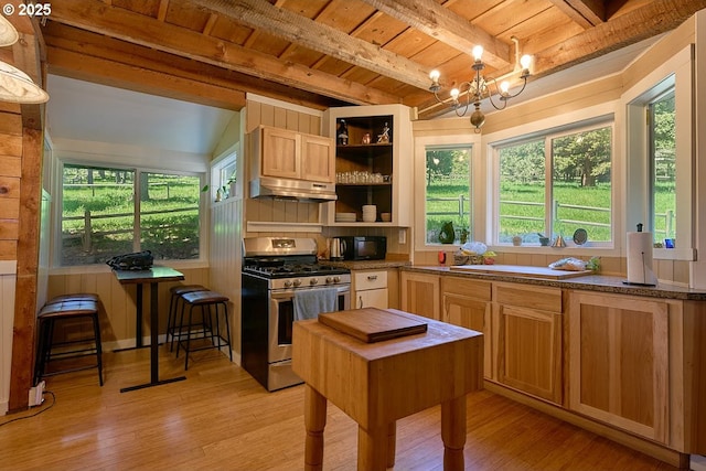 83863 Ollokot Ln, Joseph, OR 97846 - kitchen with gas stove, under cabinet range hood, wooden ceiling with exposed beams, light wood-style floors, and healthy amount of natural light