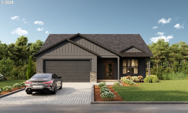 view of front of house featuring a garage, decorative driveway, board and batten siding, and a front yard