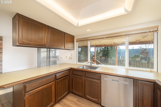 kitchen with plenty of natural light, sink, stainless steel dishwasher, and kitchen peninsula