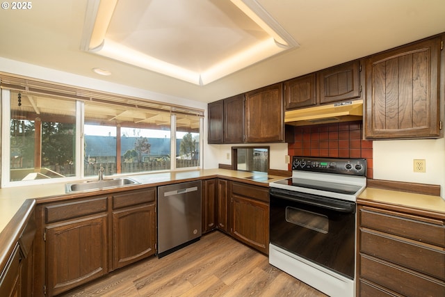 kitchen featuring sink, dishwasher, a raised ceiling, electric stove, and light hardwood / wood-style floors