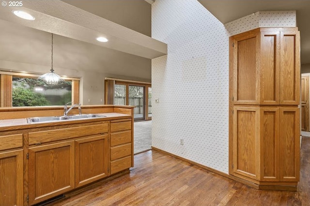 kitchen with a wealth of natural light, sink, light hardwood / wood-style floors, and decorative light fixtures