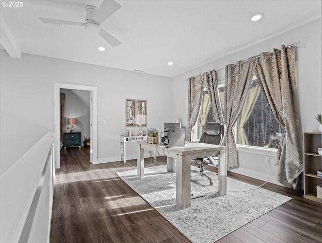 office with ceiling fan and dark hardwood / wood-style floors