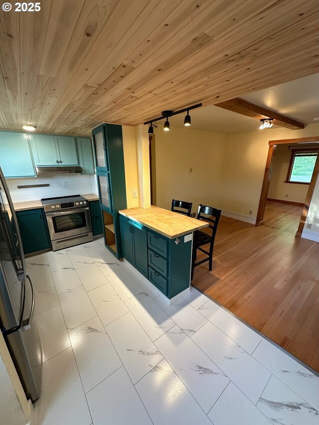 564566 Alameda Ave, Astoria, OR 97103 - kitchen with green cabinets, electric stove, black fridge, light marble finish flooring, and wood ceiling