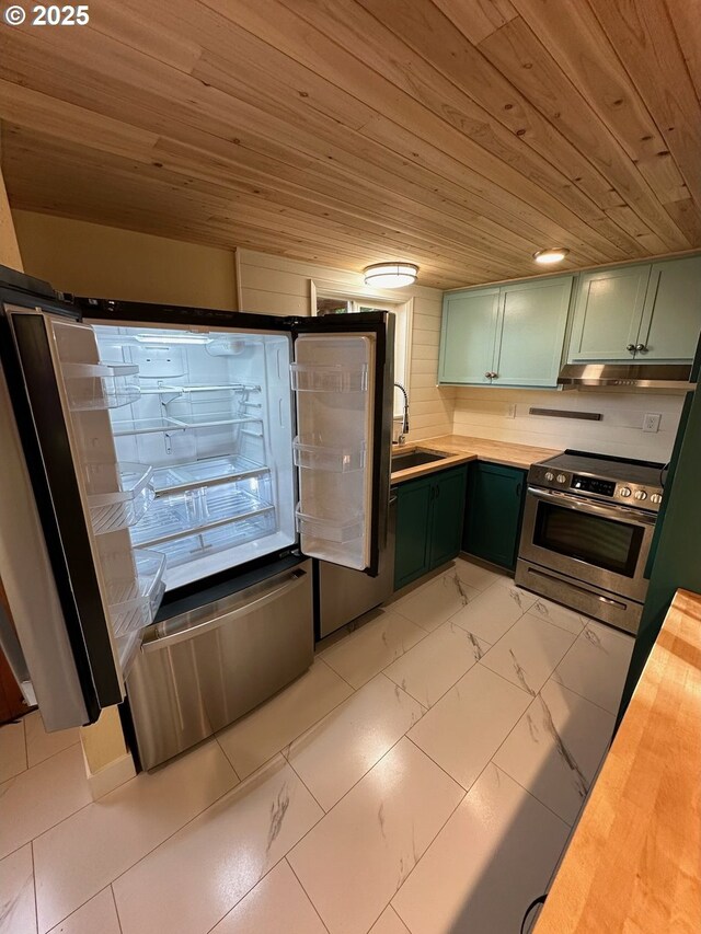 564566 Alameda Ave, Astoria, OR 97103 - kitchen featuring stainless steel electric range oven, green cabinetry, wooden ceiling, a sink, and wooden counters