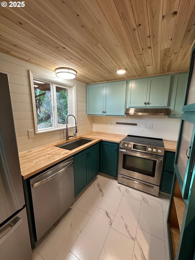 564566 Alameda Ave, Astoria, OR 97103 - kitchen featuring appliances with stainless steel finishes, a sink, wooden ceiling, green cabinetry, and under cabinet range hood