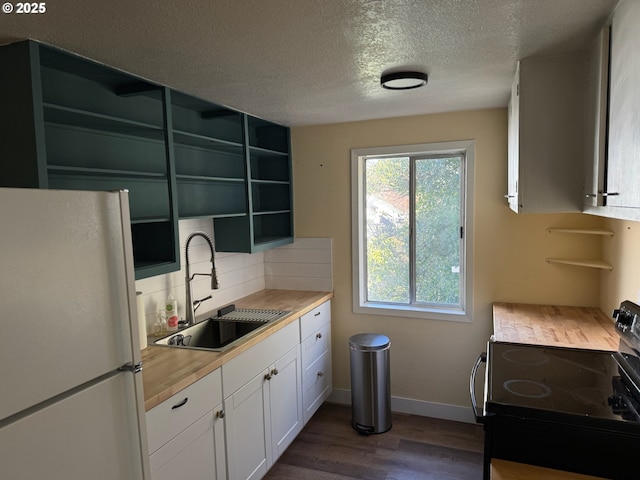 564566 Alameda Ave, Astoria, OR 97103 - kitchen with freestanding refrigerator, a sink, black range with electric cooktop, open shelves, and dark wood-type flooring