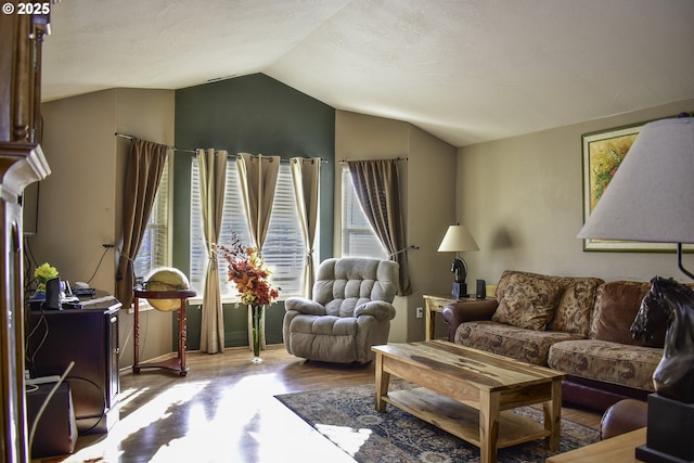 living room featuring lofted ceiling and light hardwood / wood-style flooring