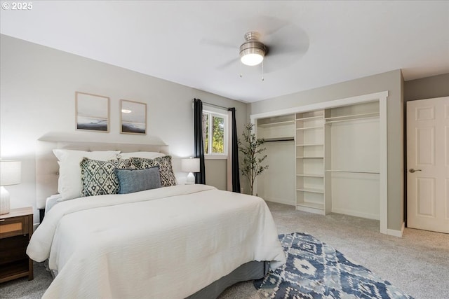 bedroom featuring a closet, a ceiling fan, baseboards, and light carpet