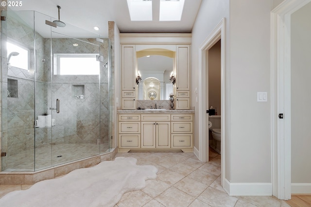 bathroom featuring vanity, tile patterned floors, toilet, and walk in shower