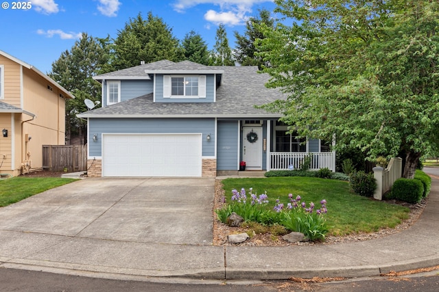 view of front of home featuring covered porch, driveway, roof with shingles, and stone siding