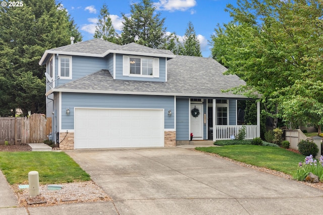 view of front of house with a porch, driveway, roof with shingles, stone siding, and a garage