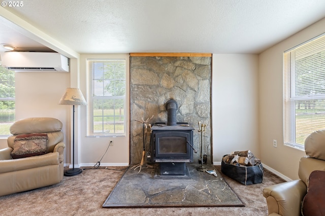 1548 Harlan St, Roseburg, OR 97471 - living room with a wall unit AC, carpet, a textured ceiling, a wood stove, and baseboards