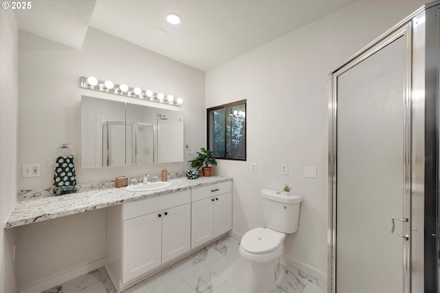 bathroom with toilet, marble finish floor, a stall shower, baseboards, and vanity