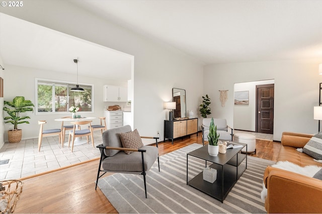 living area with light wood finished floors and vaulted ceiling