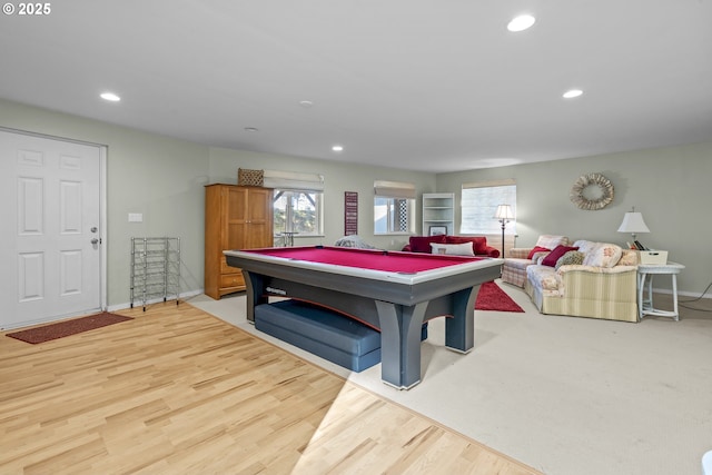 playroom featuring recessed lighting, billiards table, light wood finished floors, and baseboards