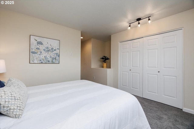 carpeted bedroom with a closet and rail lighting