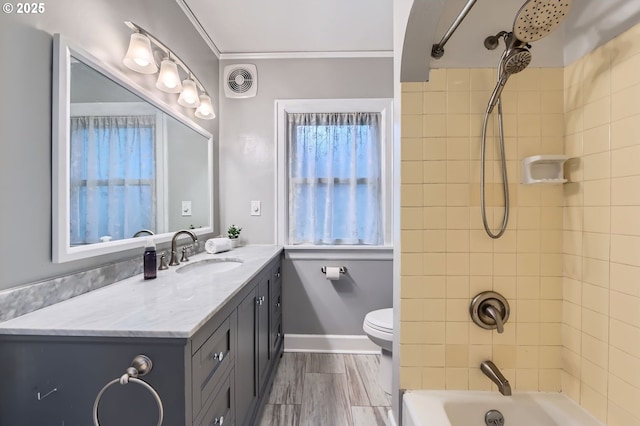 3954 NE 38th Ave, Portland, OR 97212 - full bath with vanity, shower / tub combination, wood finished floors, and ornamental molding
