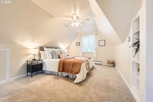 3954 NE 38th Ave, Portland, OR 97212 - bedroom with carpet, a baseboard radiator, vaulted ceiling, and a ceiling fan