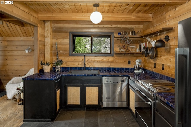 kitchen featuring a sink, appliances with stainless steel finishes, wooden ceiling, and wood walls