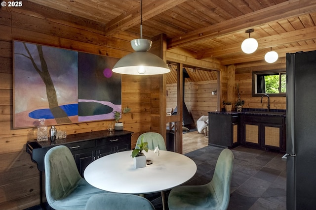 dining area with beam ceiling, wooden walls, and wood ceiling