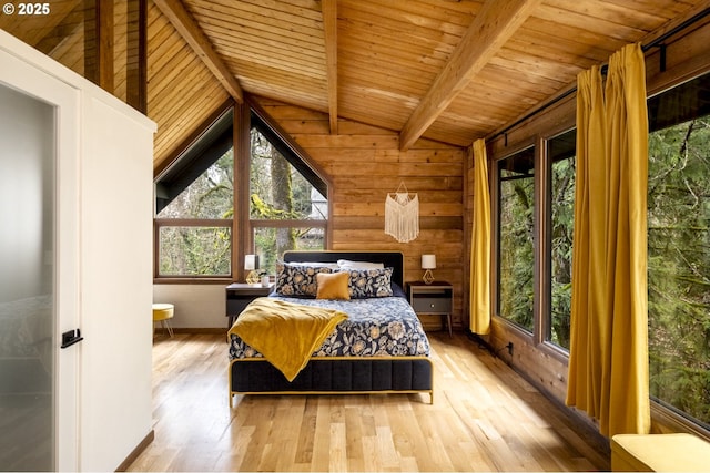 bedroom with wood walls, wood ceiling, lofted ceiling with beams, and wood finished floors