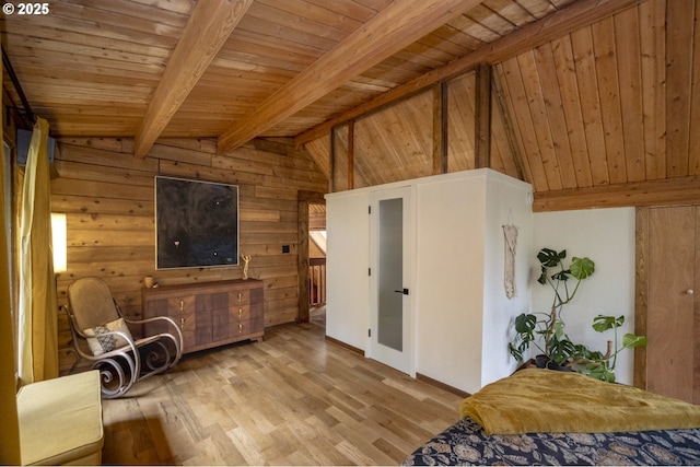 bedroom with wooden walls, light wood-style flooring, wood ceiling, and lofted ceiling with beams