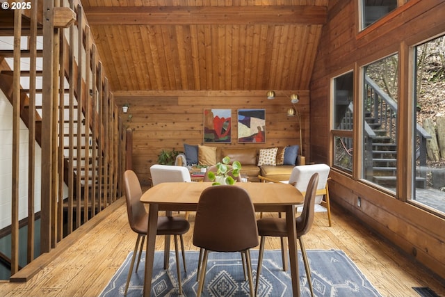 dining area featuring wooden walls, lofted ceiling with beams, and wood-type flooring