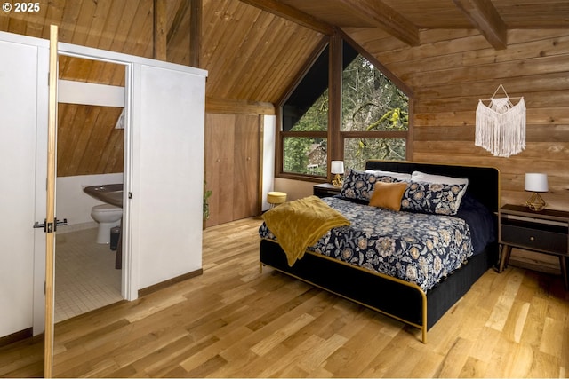 bedroom featuring wooden walls, wood ceiling, wood finished floors, and vaulted ceiling with beams