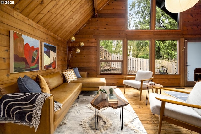 living room featuring wooden ceiling, wooden walls, and a healthy amount of sunlight