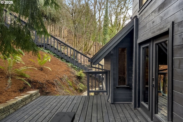 wooden terrace featuring stairway