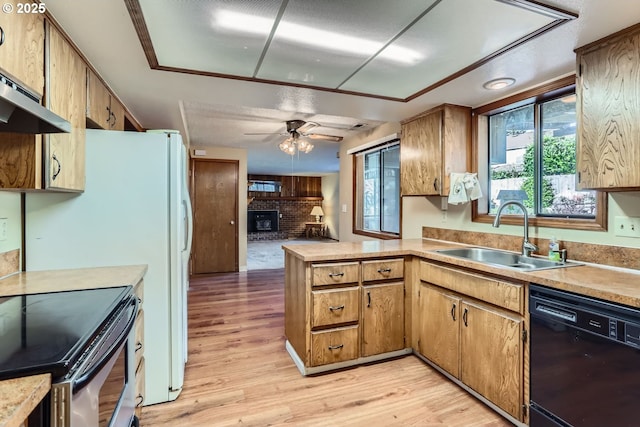 kitchen featuring sink, light hardwood / wood-style flooring, exhaust hood, and black dishwasher