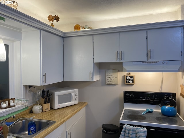 kitchen featuring range with electric stovetop, white microwave, under cabinet range hood, a sink, and light countertops