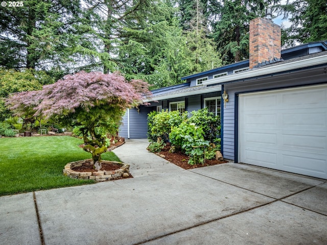12309 SE Riveridge Dr, Vancouver, WA 98683 - view of front facade with a front lawn, concrete driveway, a chimney, and a garage