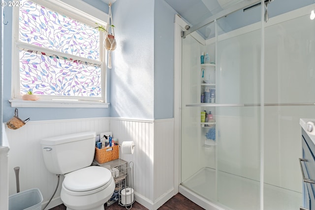 4309 C St, Washougal, WA 98671 - full bath featuring a stall shower, wainscoting, toilet, and wood finished floors