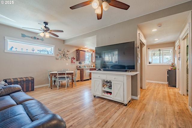 4309 C St, Washougal, WA 98671 - living room featuring a ceiling fan, light wood-type flooring, baseboards, and recessed lighting