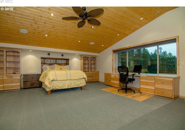 carpeted bedroom with ceiling fan, wooden ceiling, and high vaulted ceiling