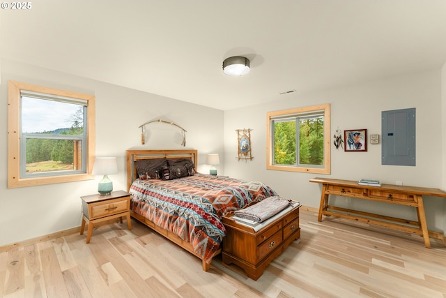 bedroom featuring light wood-type flooring and electric panel