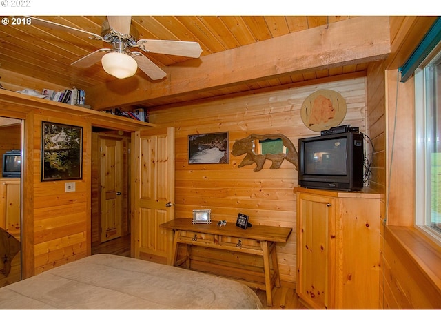 bedroom with ceiling fan, wood ceiling, and wood walls